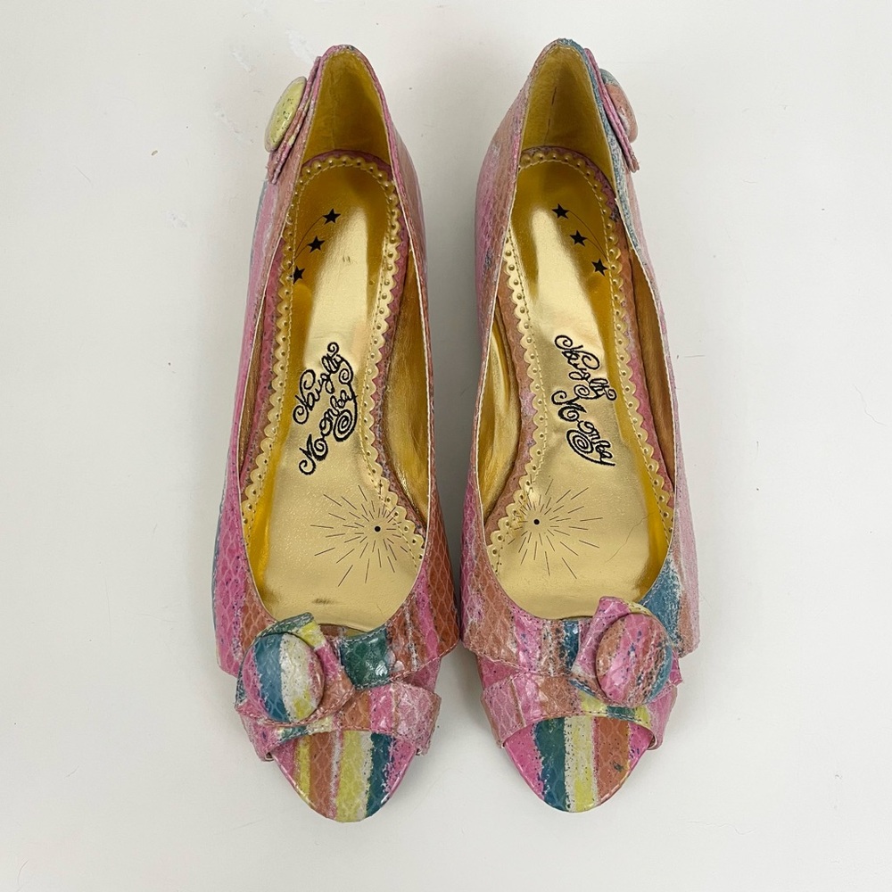 Naughty Monkey Peep Toe Pink Orange Blue Green Snake Print Leather Flats Sz 9.5